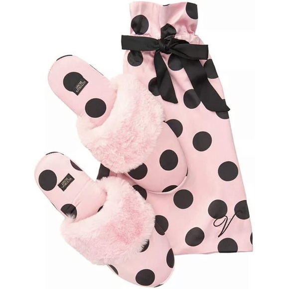 Victoria's Secret Shoes - Victoria's Secret NWT Satin Slippers Pink Black Polka Dot Faux Fur Size M  7-8